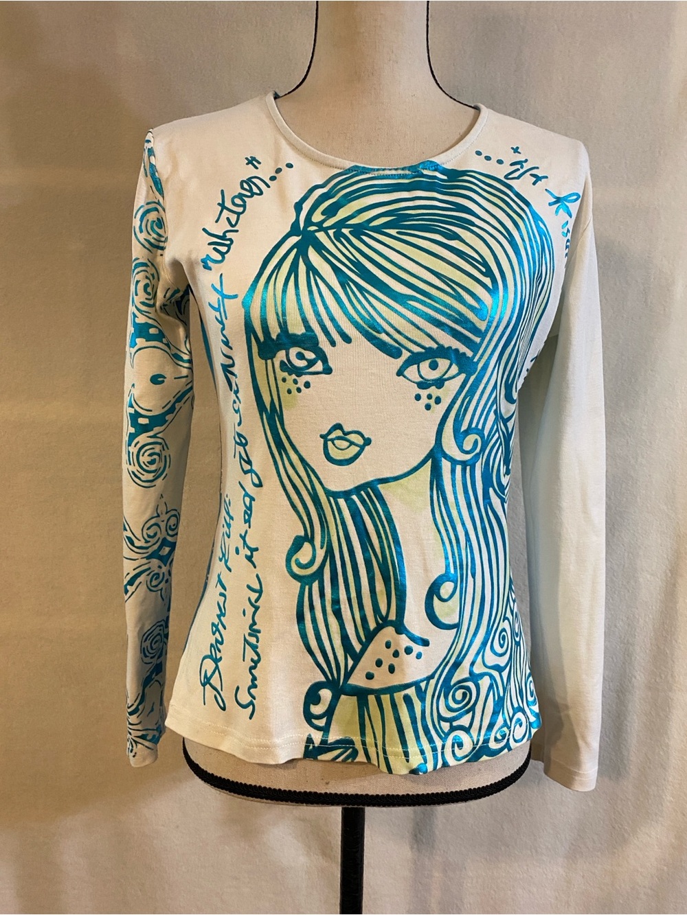 Custo Barcelona Y2K vintage cotton metallic blue white long sleeve t-shirt